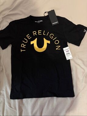 True Religion Black Short-Sleeve Tee with Gold Logo